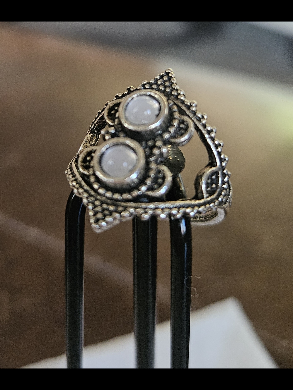 Silver-Tone Filigree Ring with White Cabochon Accents